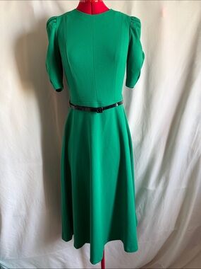 DKNY Vibrant Green Midi Dress with Puff Shoulders XS50